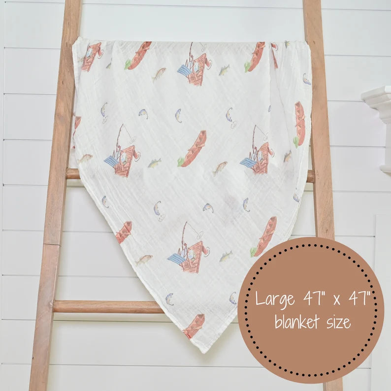 GONE FISHING BABY MUSLIN COTTON BLANKET