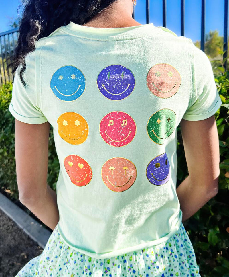 TWEEN HAPPINESS SMILEY FACE FRONT BACK GRAPHIC TEE