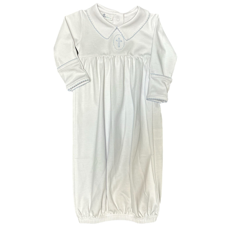 BLESSED EMBROIDERED COLLARED LONG SLEEVE GATHERED GOWN - LIGHT BLUE