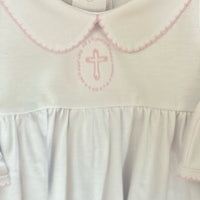 BLESSED EMBROIDERED COLLARED LONG SLEEVE GATHERED GOWN - PINK