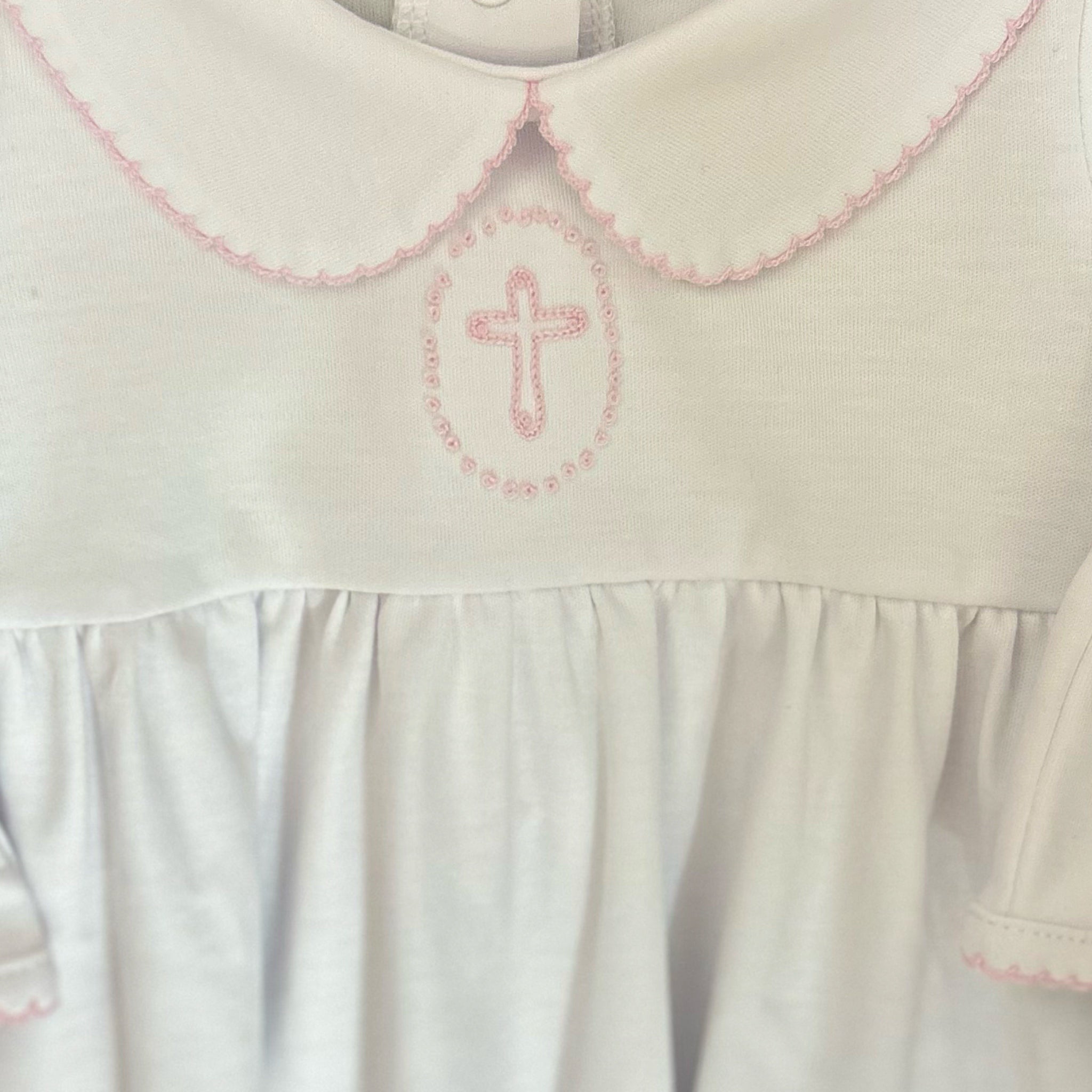 BLESSED EMBROIDERED COLLARED LONG SLEEVE GATHERED GOWN - PINK