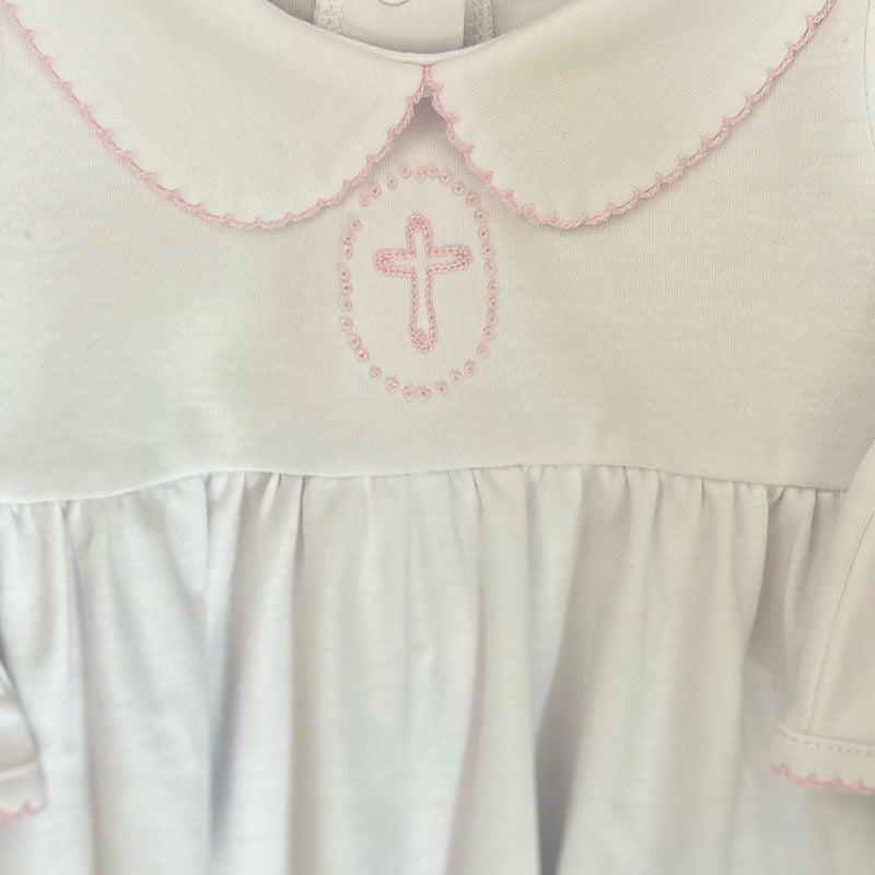 BLESSED EMBROIDERED COLLARED LONG SLEEVE GATHERED GOWN - PINK
