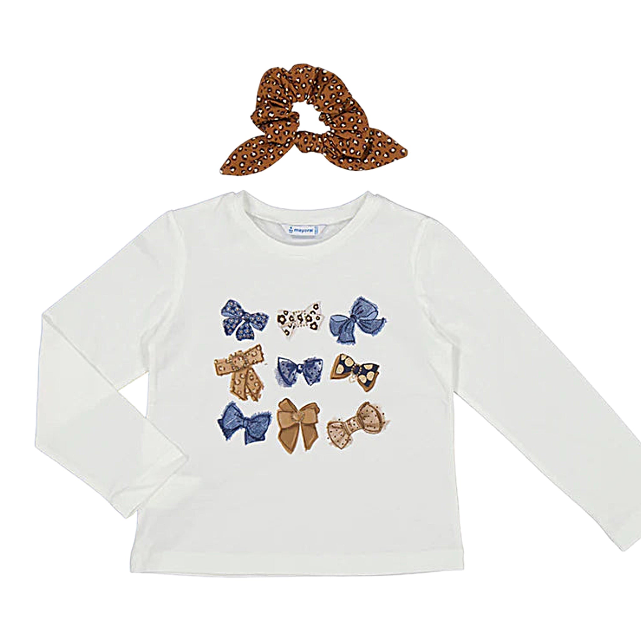 GIRLS BOWS GRAPHIC LONG SLEEVE TEE WITH SCRUNCHIE