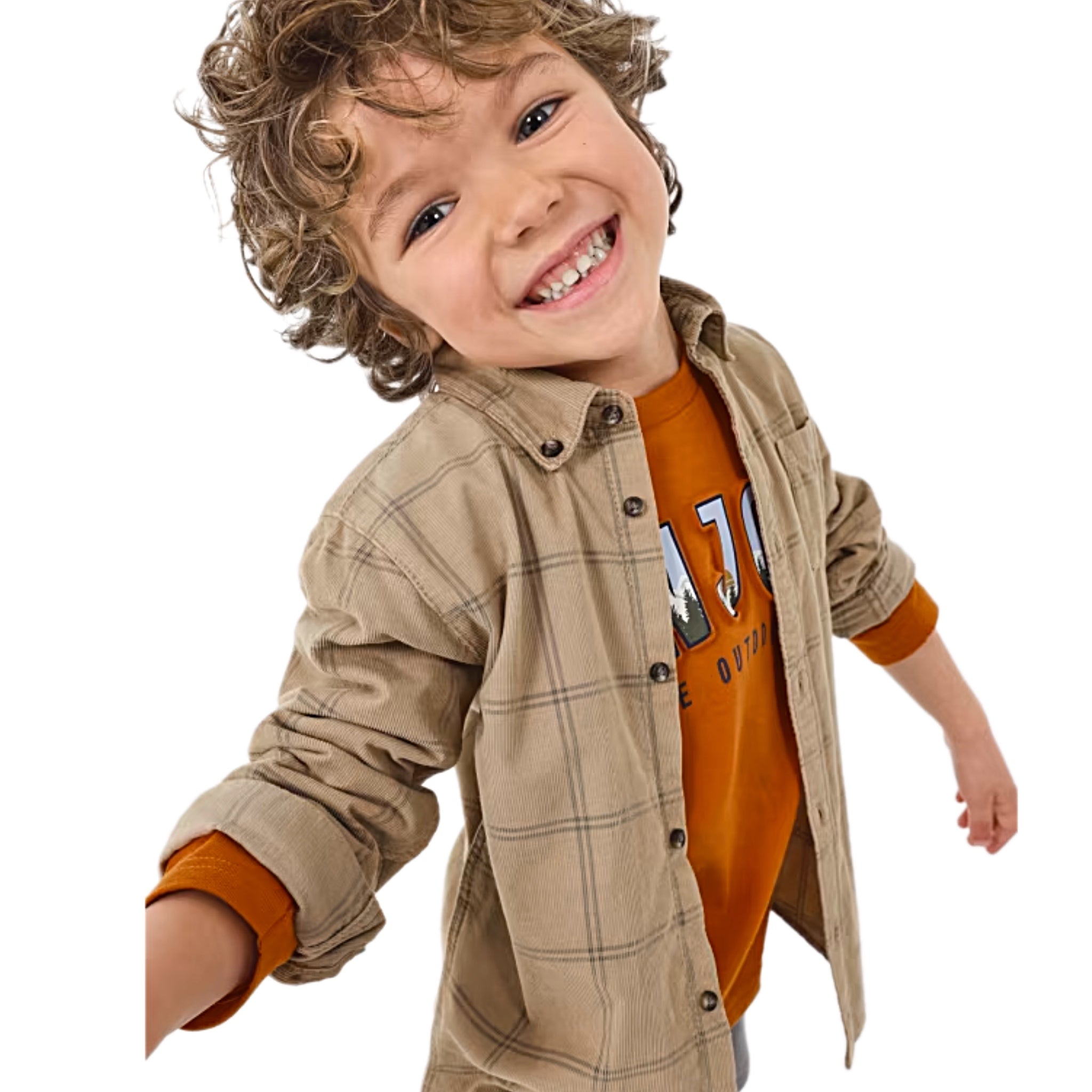 BOYS KHAKI PLAID CORDUROY BUTTON DOWN OVERSHIRT