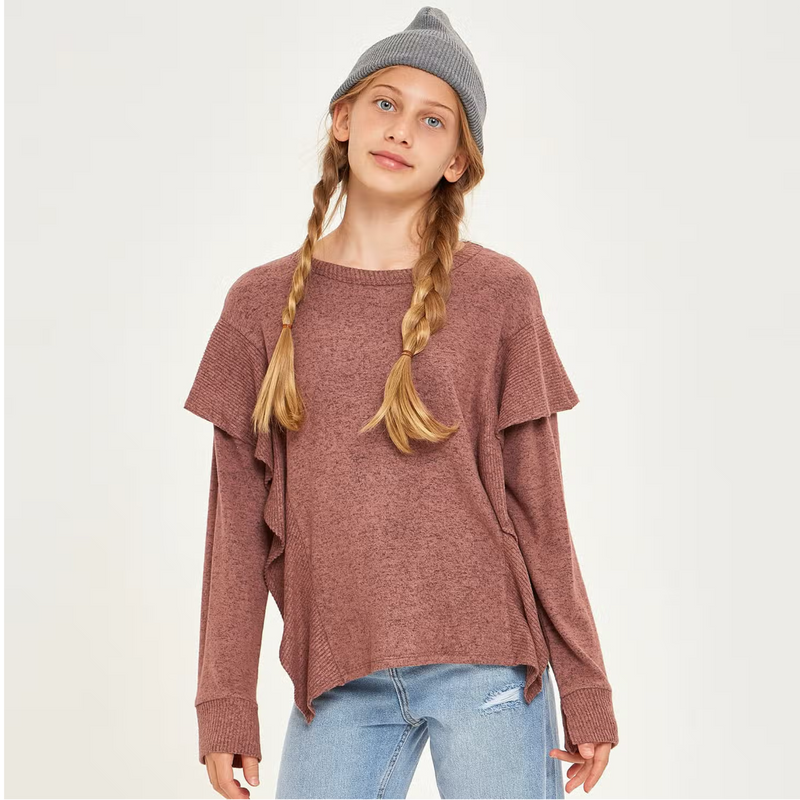 TWEEN MAUVE RUFFLED SLIT CUFFS KNIT SWEATER