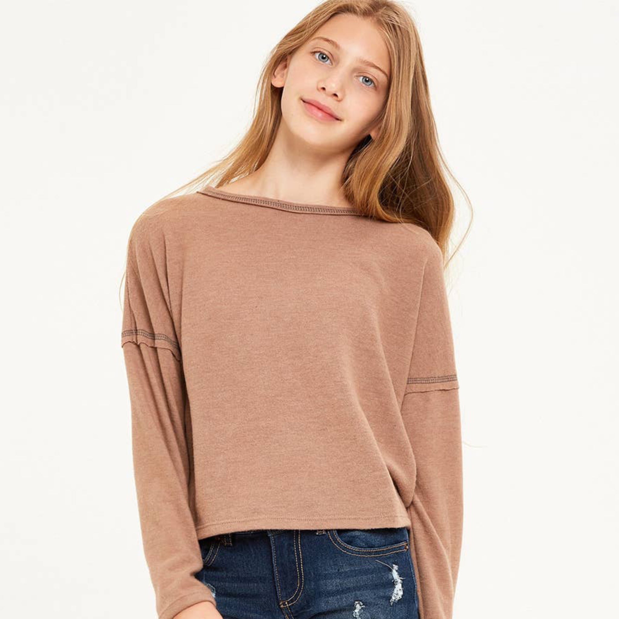 TWEEN MOCHA CONTRAST STITCHED BRUSHED KNIT TOP