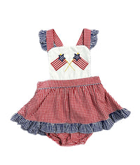 FLAGS EMBROIDERED RED CHECK SKIRTED SUNSUIT
