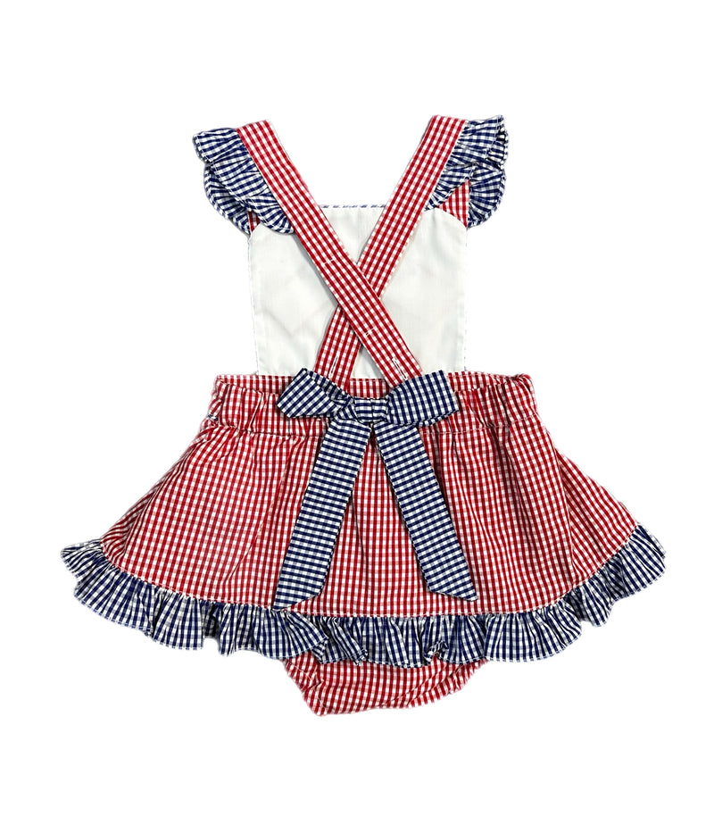 FLAGS EMBROIDERED RED CHECK SKIRTED SUNSUIT