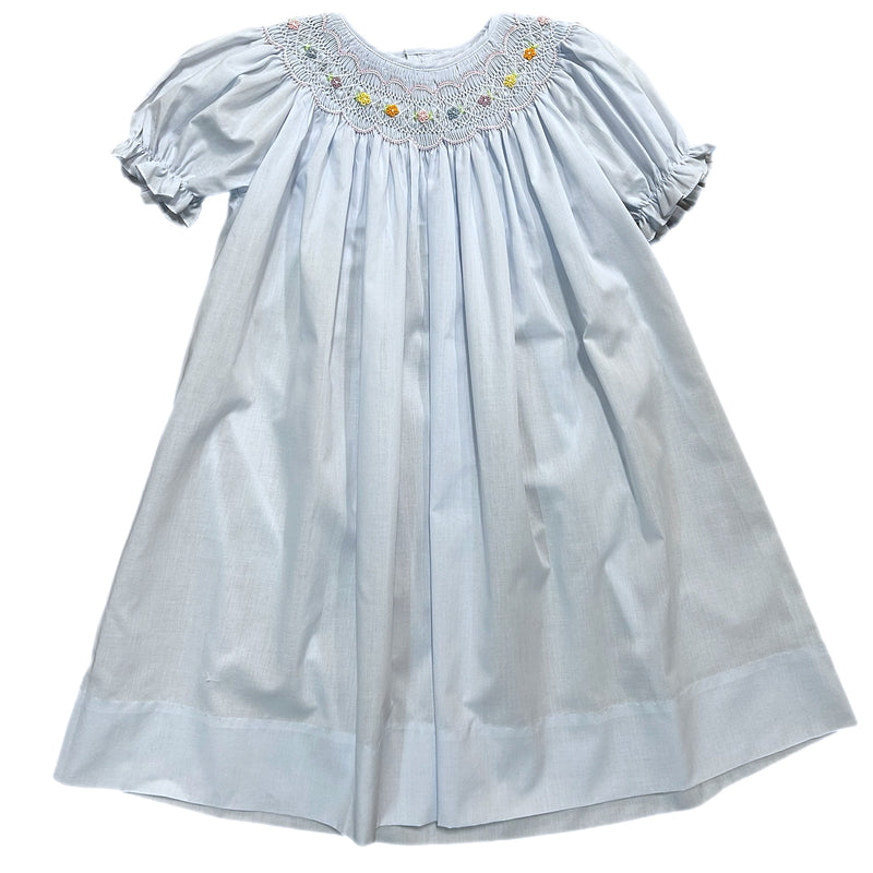 FLOWER AND PEARL SMOCKED BLUE DRESS