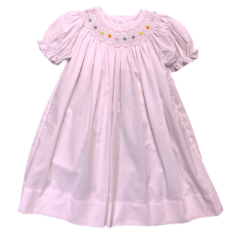 FLOWER AND PEARL SMOCKED PINK DRESS