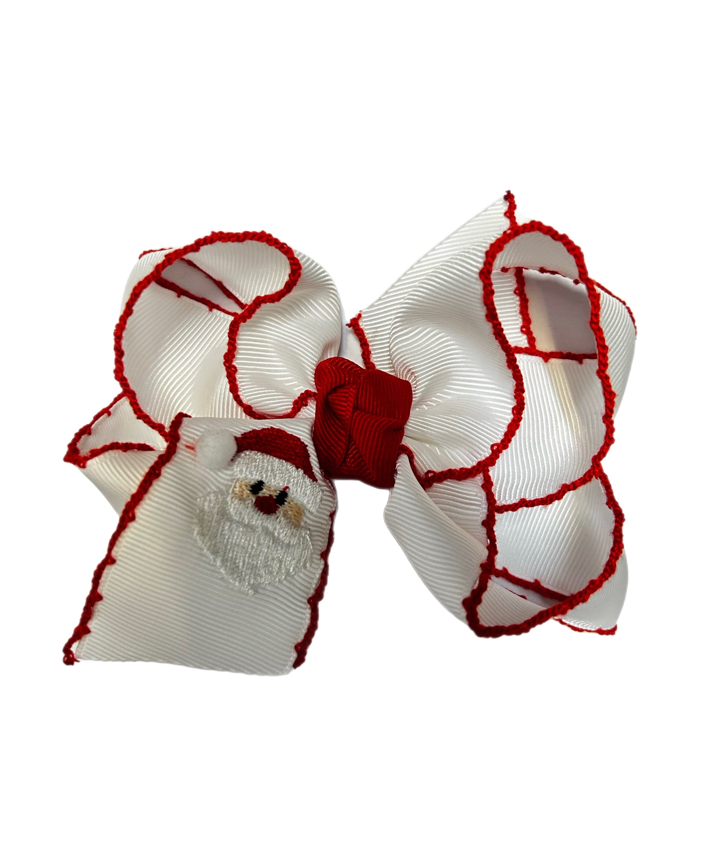 EMBROIDERED SANTA CROCHET EDGE BOW - RED