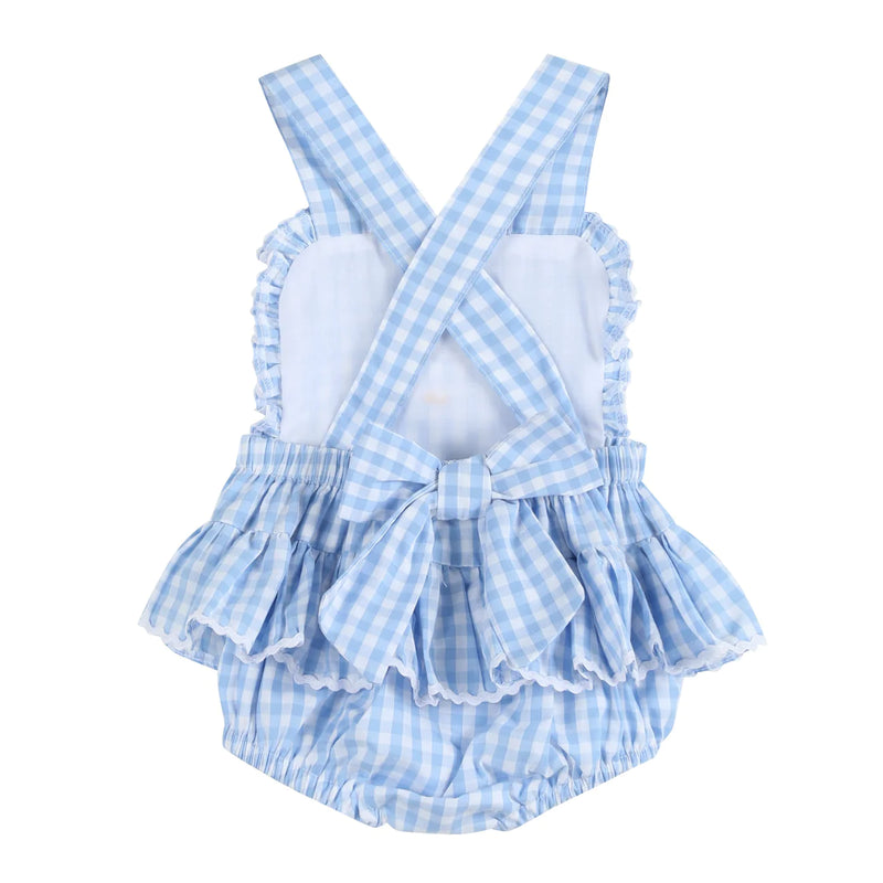BLUE GINGHAM GOOSE LACE BOW RUFFLE ROMPER