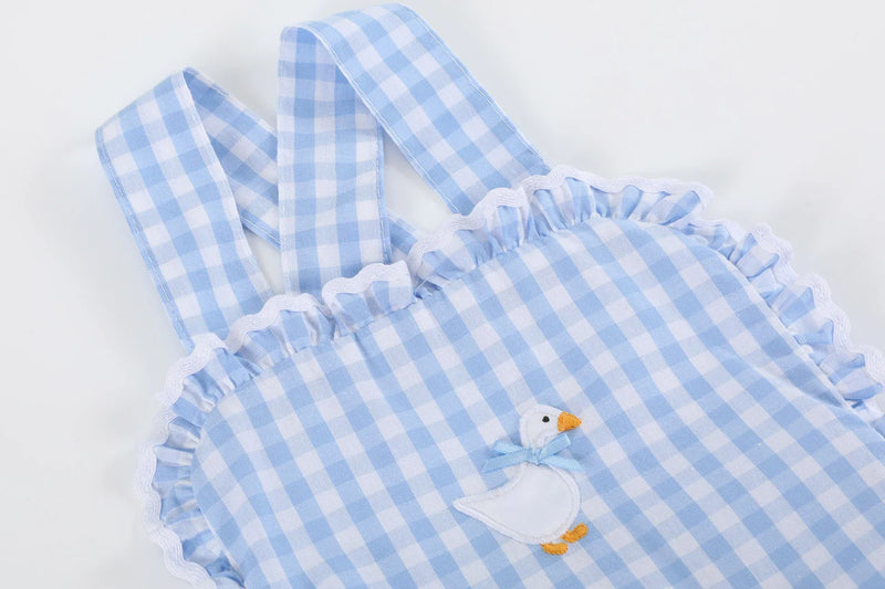 BLUE GINGHAM GOOSE LACE BOW RUFFLE ROMPER