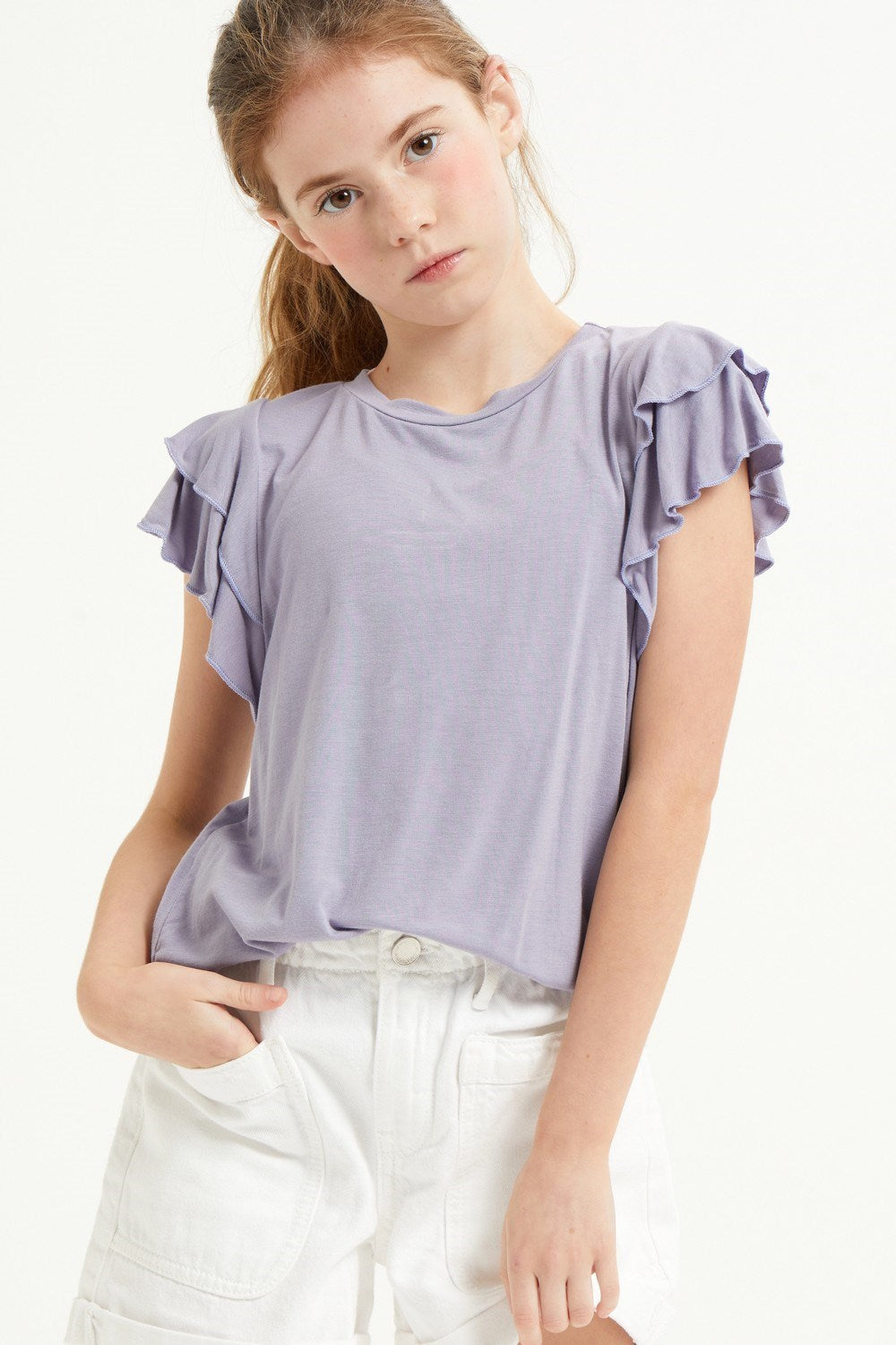 TWEEN TIERED FLUTTER SLEEVE TEE - LAVENDER