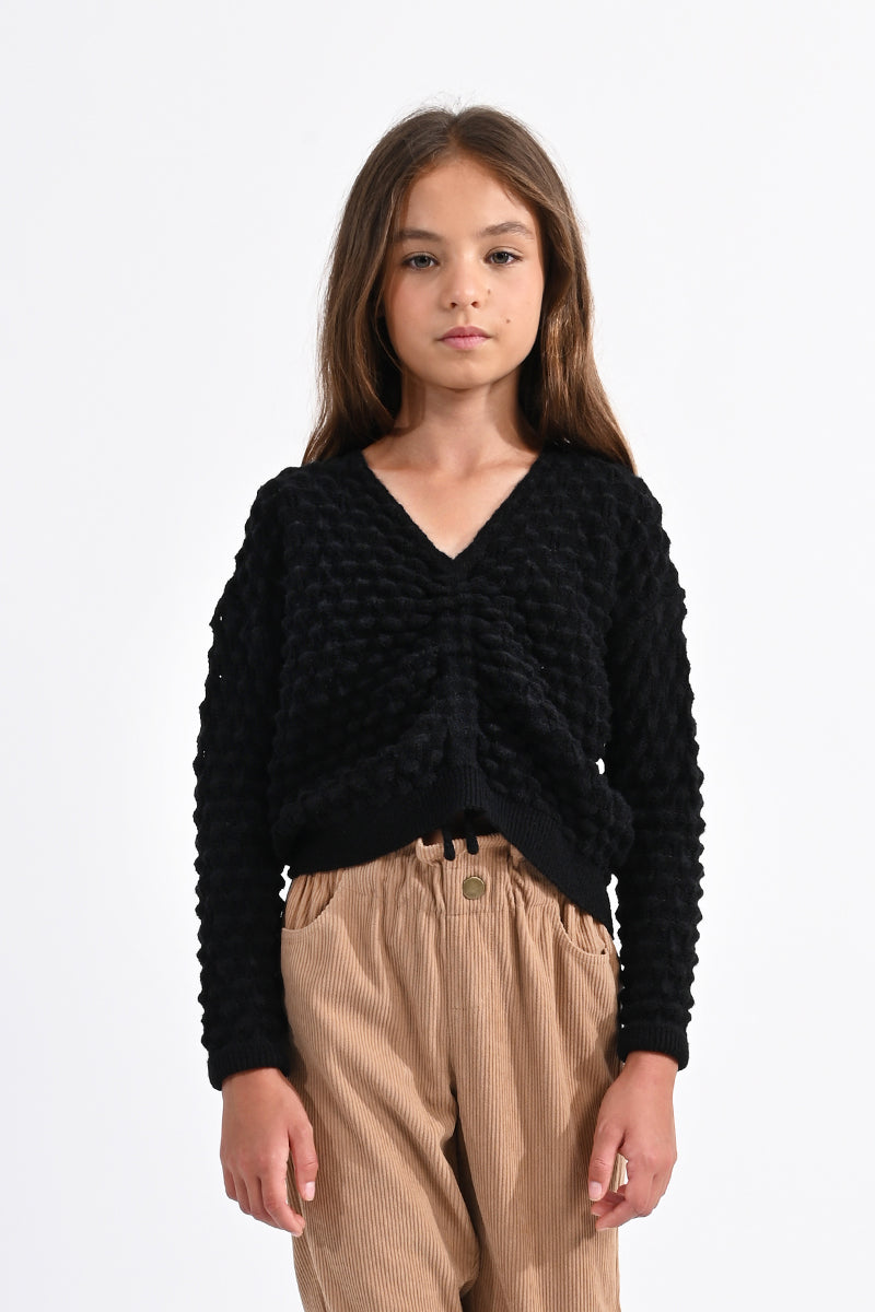 TWEEN V-NECK KNITTED POPCORN SWEATER
