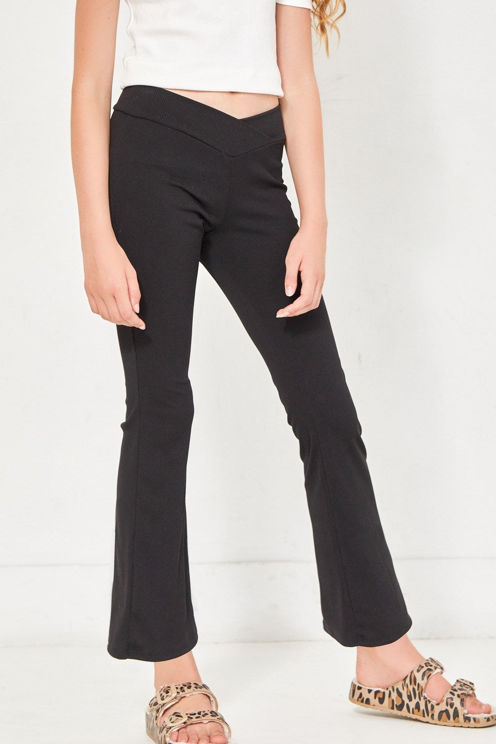 TWEEN CROSSOVER WAIST RIBBED FLARE PANTS - BLACK