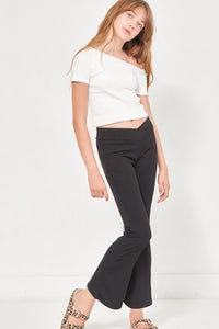 TWEEN CROSSOVER WAIST RIBBED FLARE PANTS - BLACK