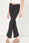 TWEEN CROSSOVER WAIST RIBBED FLARE PANTS - BLACK