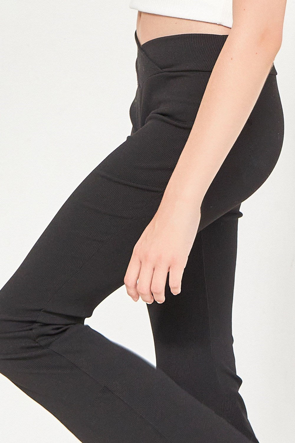 TWEEN CROSSOVER WAIST RIBBED FLARE PANTS - BLACK