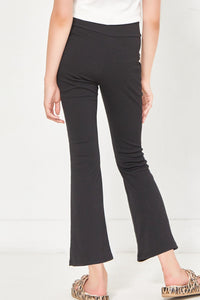 TWEEN CROSSOVER WAIST RIBBED FLARE PANTS - BLACK