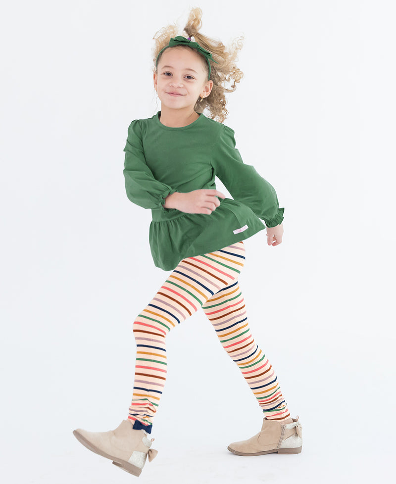 GIRLS RUCHED BOW LEGGINGS SUNRISE RAINBOW STRIPE