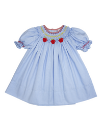 BLUE GEORGETTE SMOCKED APPLES BISHOP DRESS