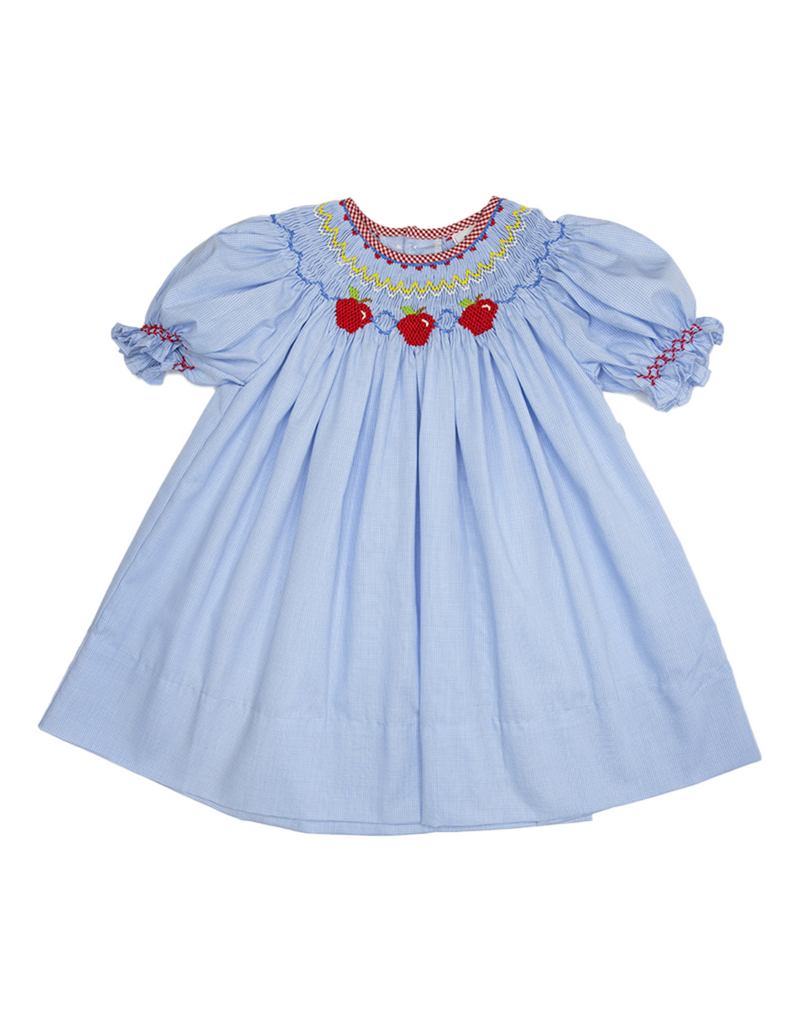 BLUE GEORGETTE SMOCKED APPLES BISHOP DRESS