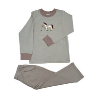 OLIVE STRIPE HORSE APPLIQUE BOY'S PANT SET