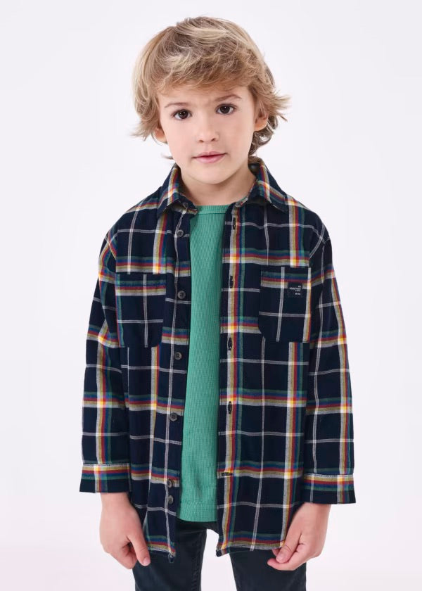 BOYS NAVY PLAID BUTTON DOWN