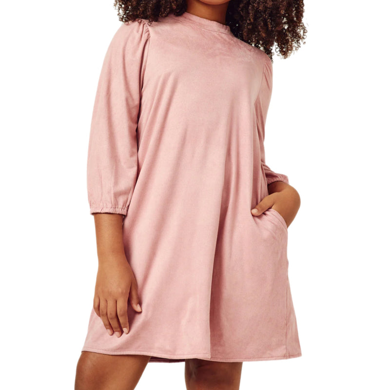 TWEEN GATHERED PUFFL SHOULDER PINK SUEDE DRESS