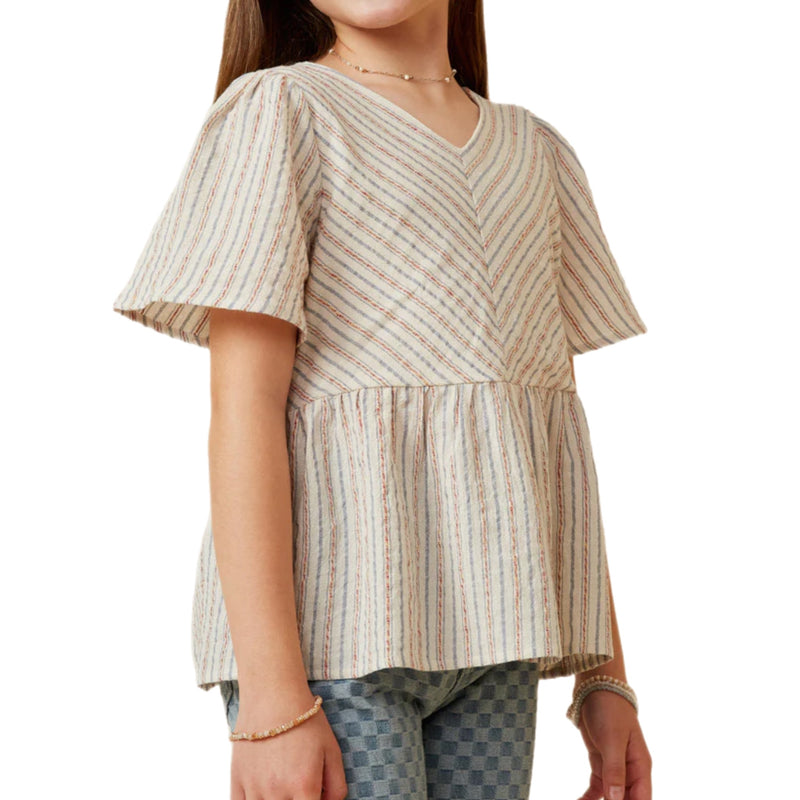 TWEEN TEXTURED STRIPE CHEVRON PANEL PEPLUM TOP