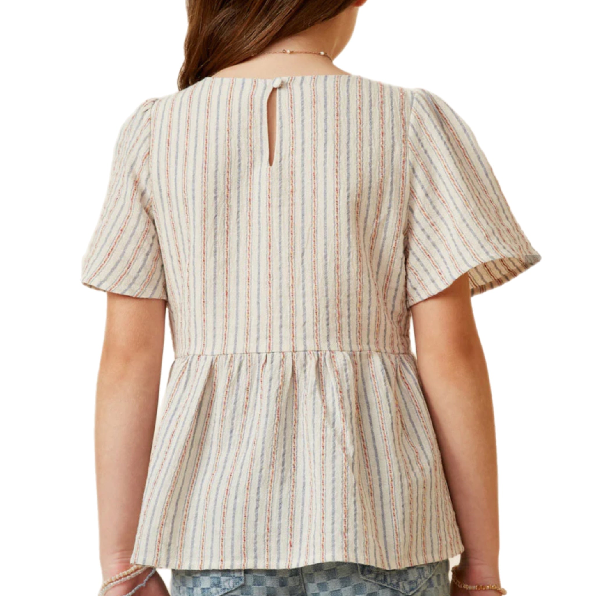 TWEEN TEXTURED STRIPE CHEVRON PANEL PEPLUM TOP