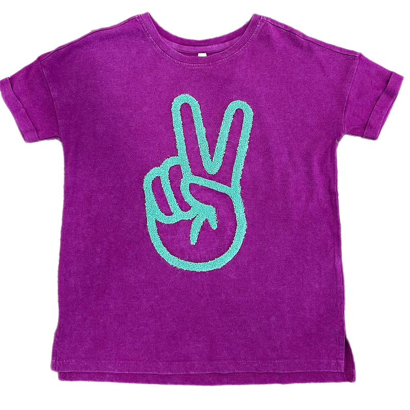 TWEEN PEACE SIGN HAND ED CHENNILE ACID WASH GRAPHIC TEE