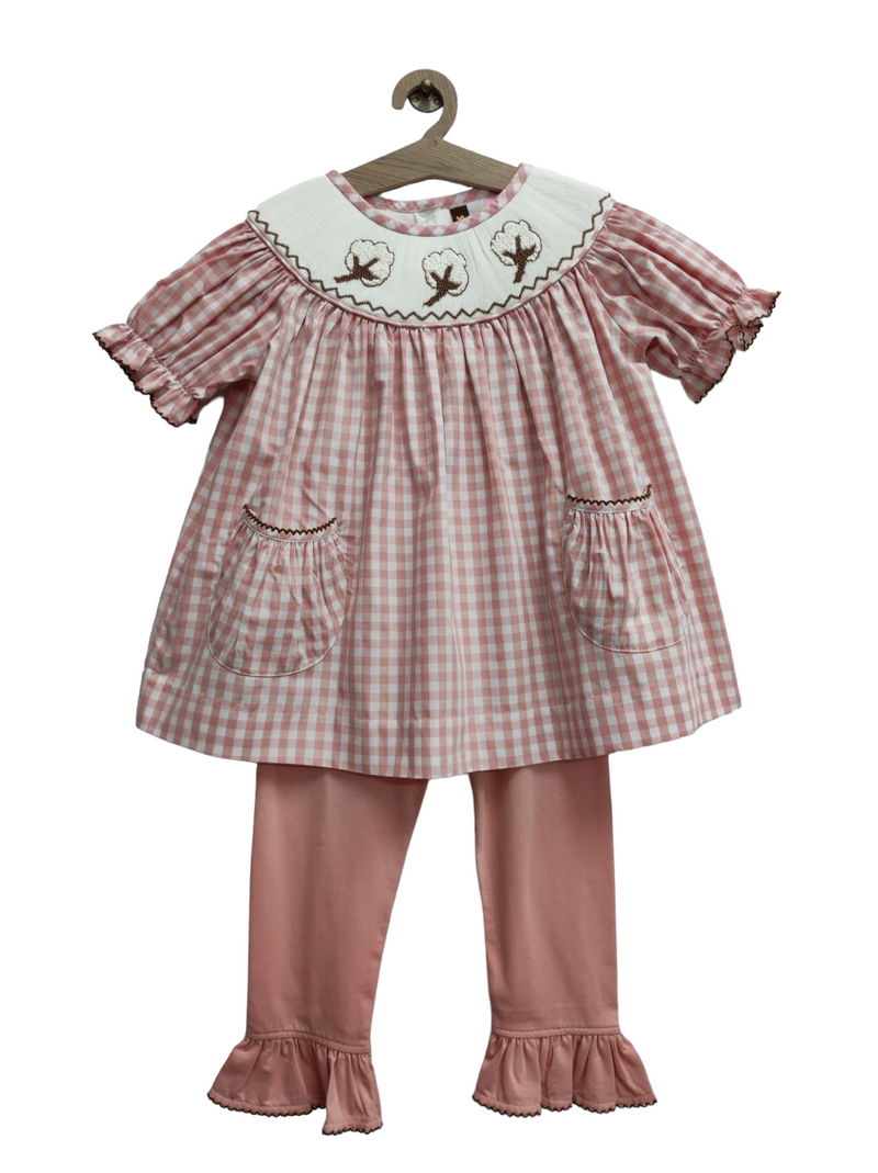 GIRLS COTTON SMOCKED BISHOP TOP AND PANTS