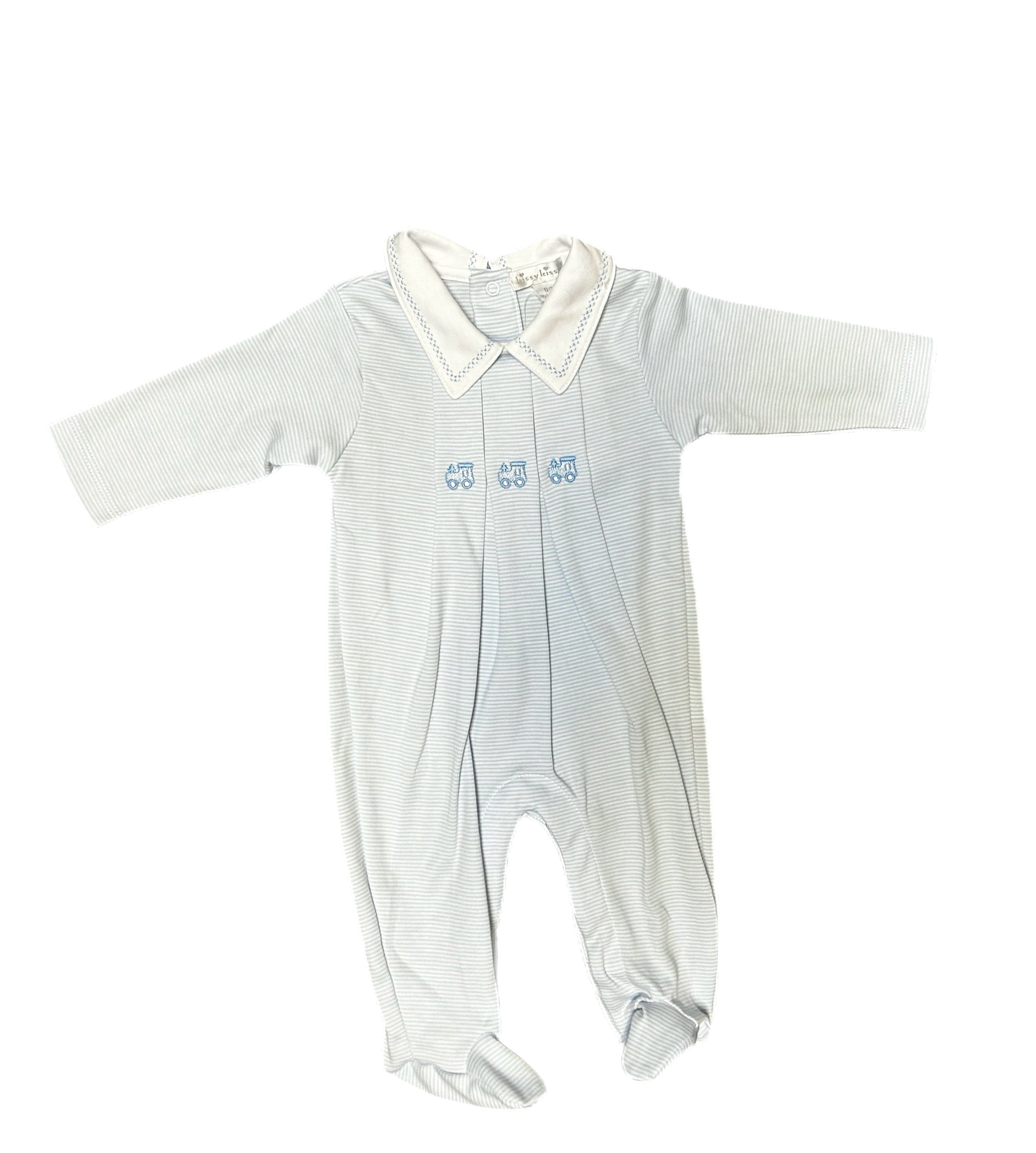 BABY BLUE STRIPPED TRAIN EMBROIDERED FOOTIE