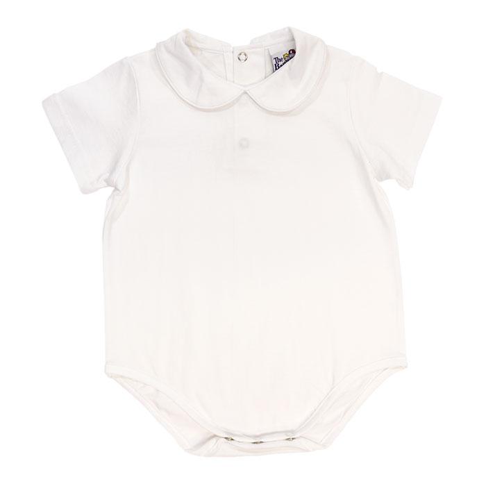 Button Back Boys Short Sleeve Knit Piped Onesie - White