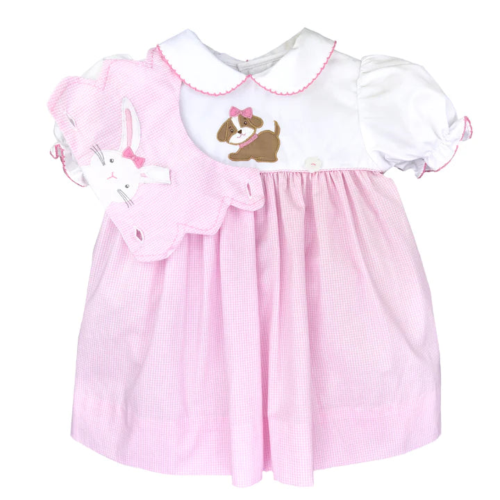 DRESS WITH REMOVEABLE EAStER BUNNY  AND DOG APPLIQUE BIB