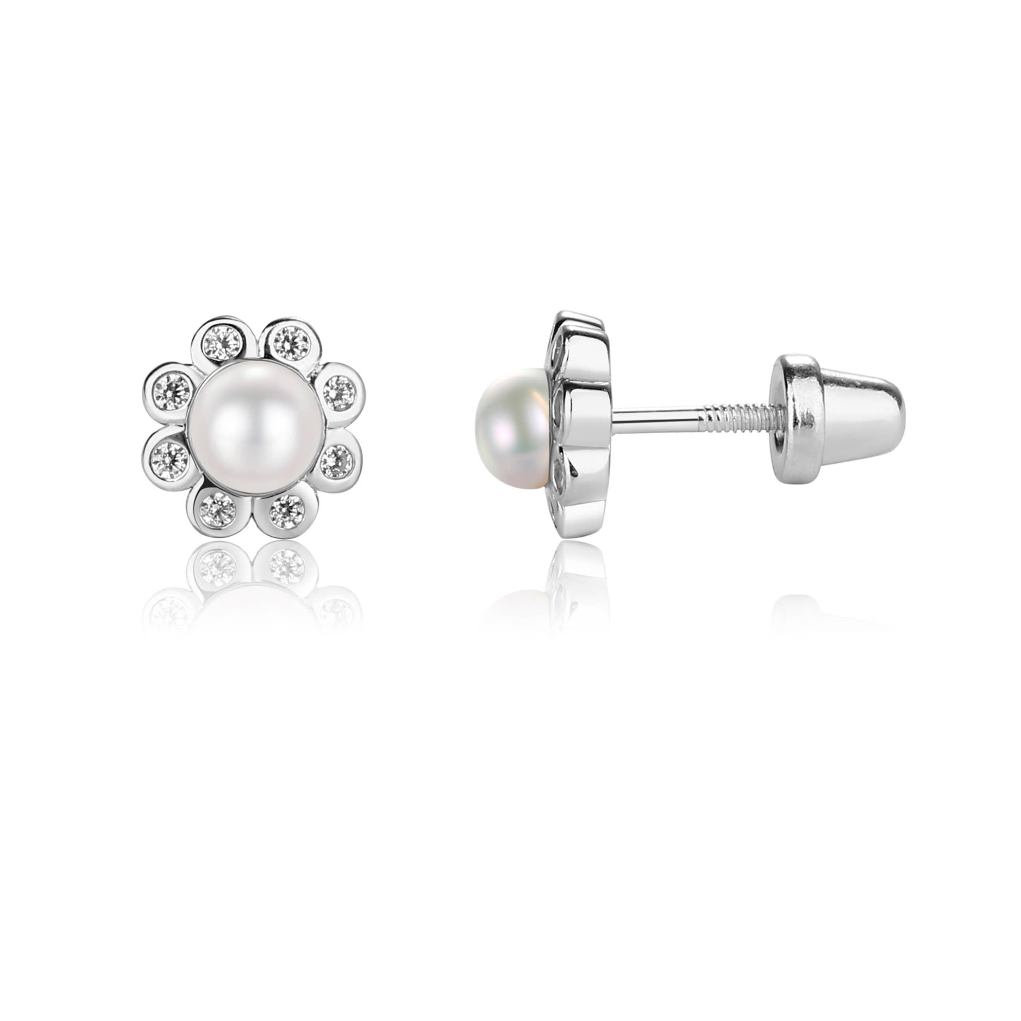 STERLING SILVER GIRLS SCREW BACK WHITE PEARL BUTTON EARRINGS