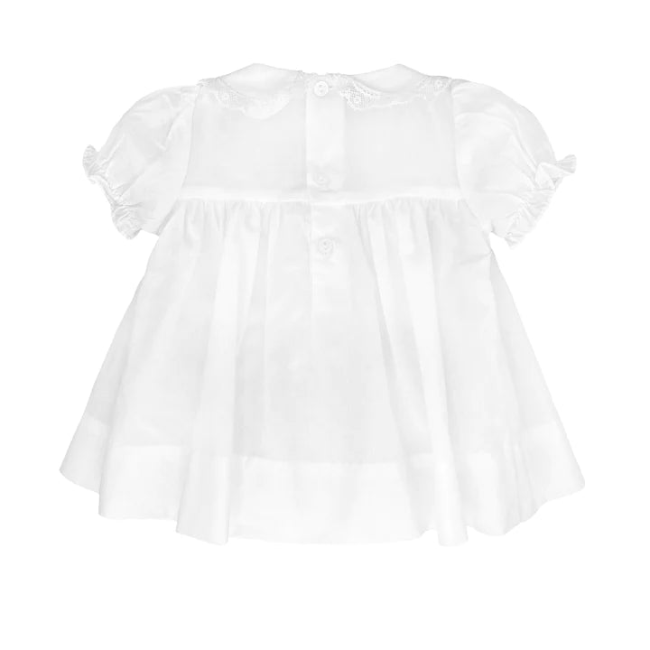 SMOCKED LACE DRESS WITH MATCHING BONNET AND BLOOMERS