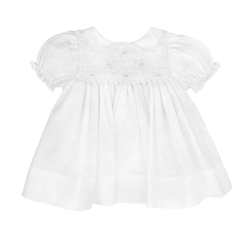 SMOCKED LACE DRESS WITH MATCHING BONNET AND BLOOMERS