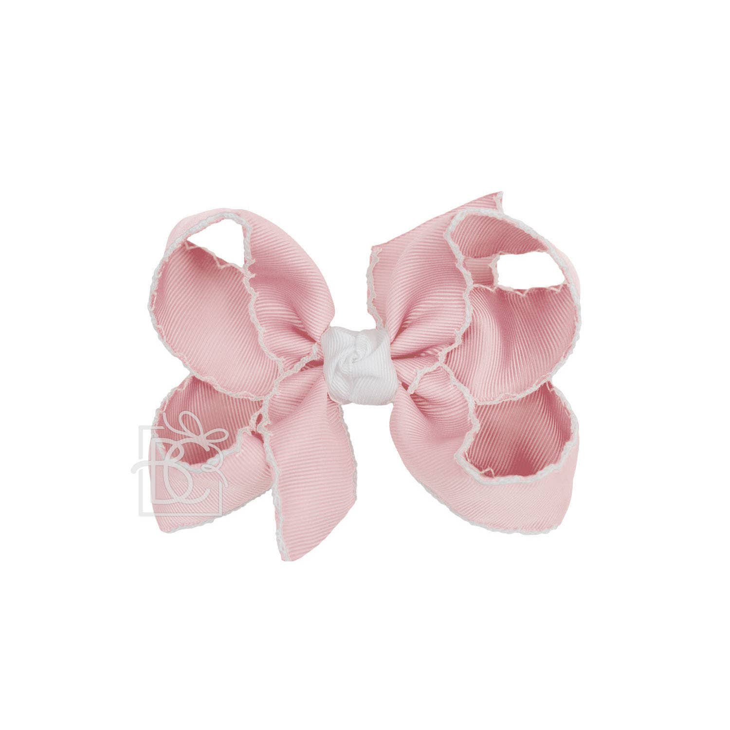 LIGHT PINK WITH WHITE CROCHET EDGE RIBBON BOW ON CLIP
