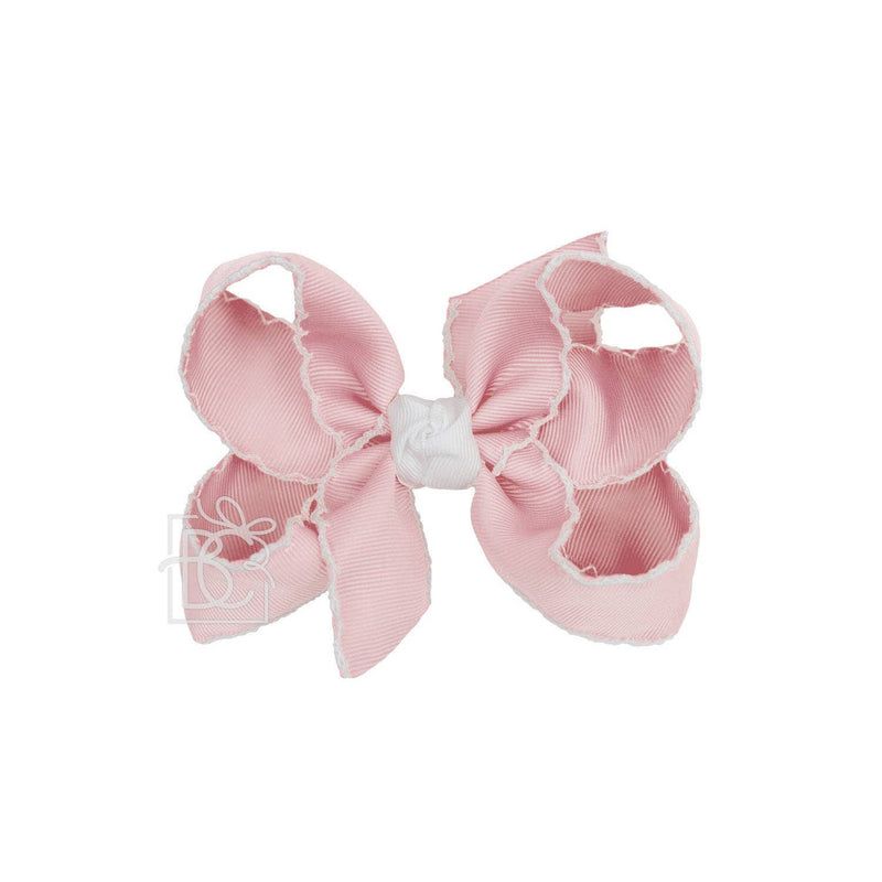 LIGHT PINK WITH WHITE CROCHET EDGE RIBBON BOW ON CLIP