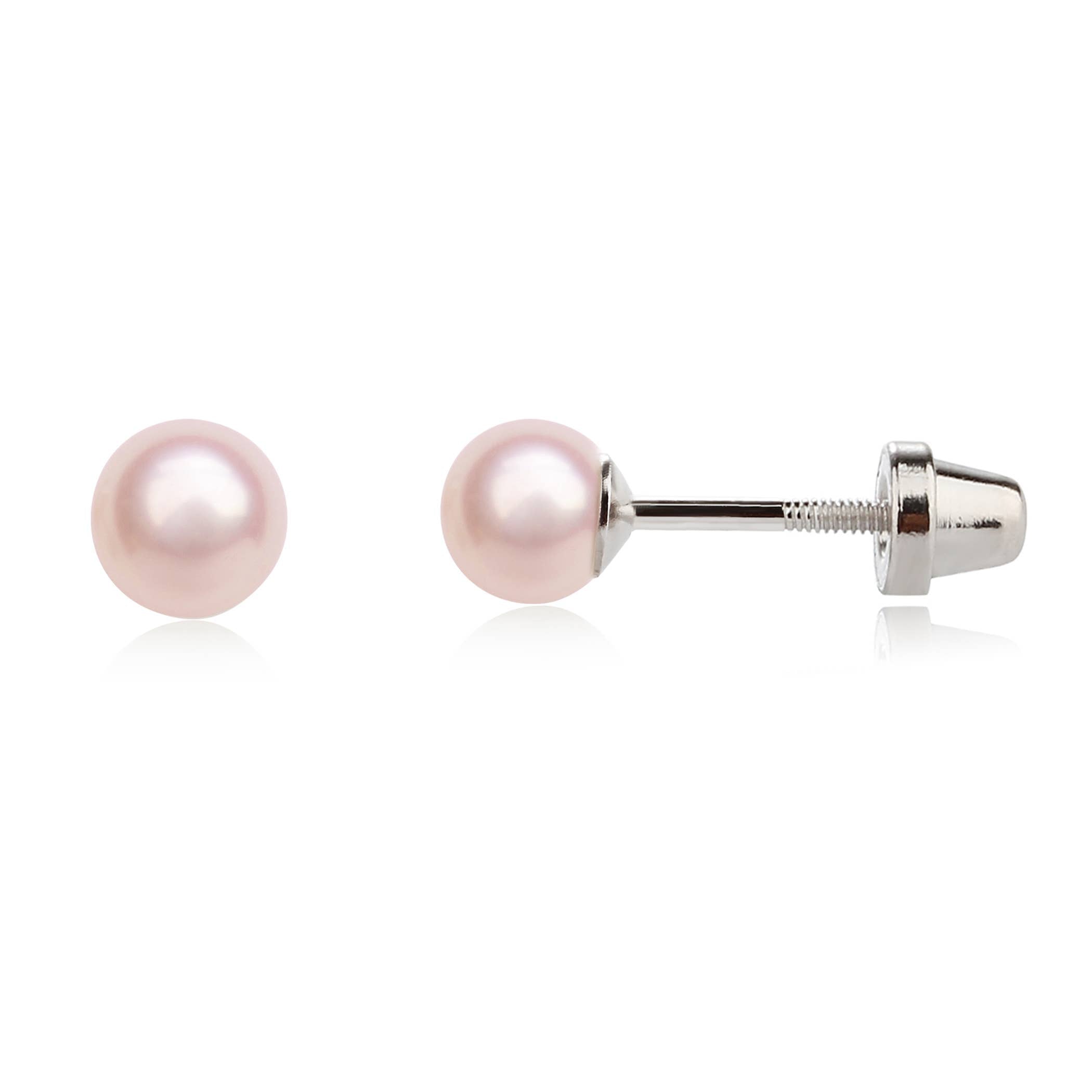 STERLING SILVER GIRLS SCREW BACK PINK PEARL EARRINGS