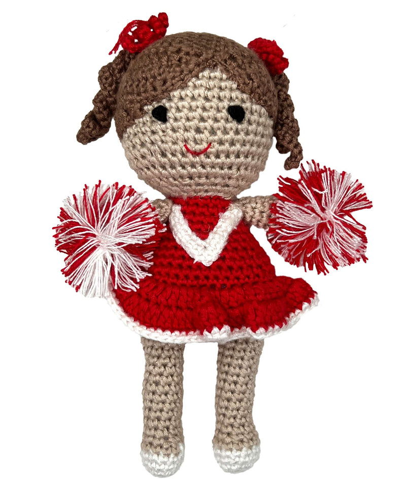 RED & WHITE CHEERLEADER BAMBOO CROCHET RATTLE