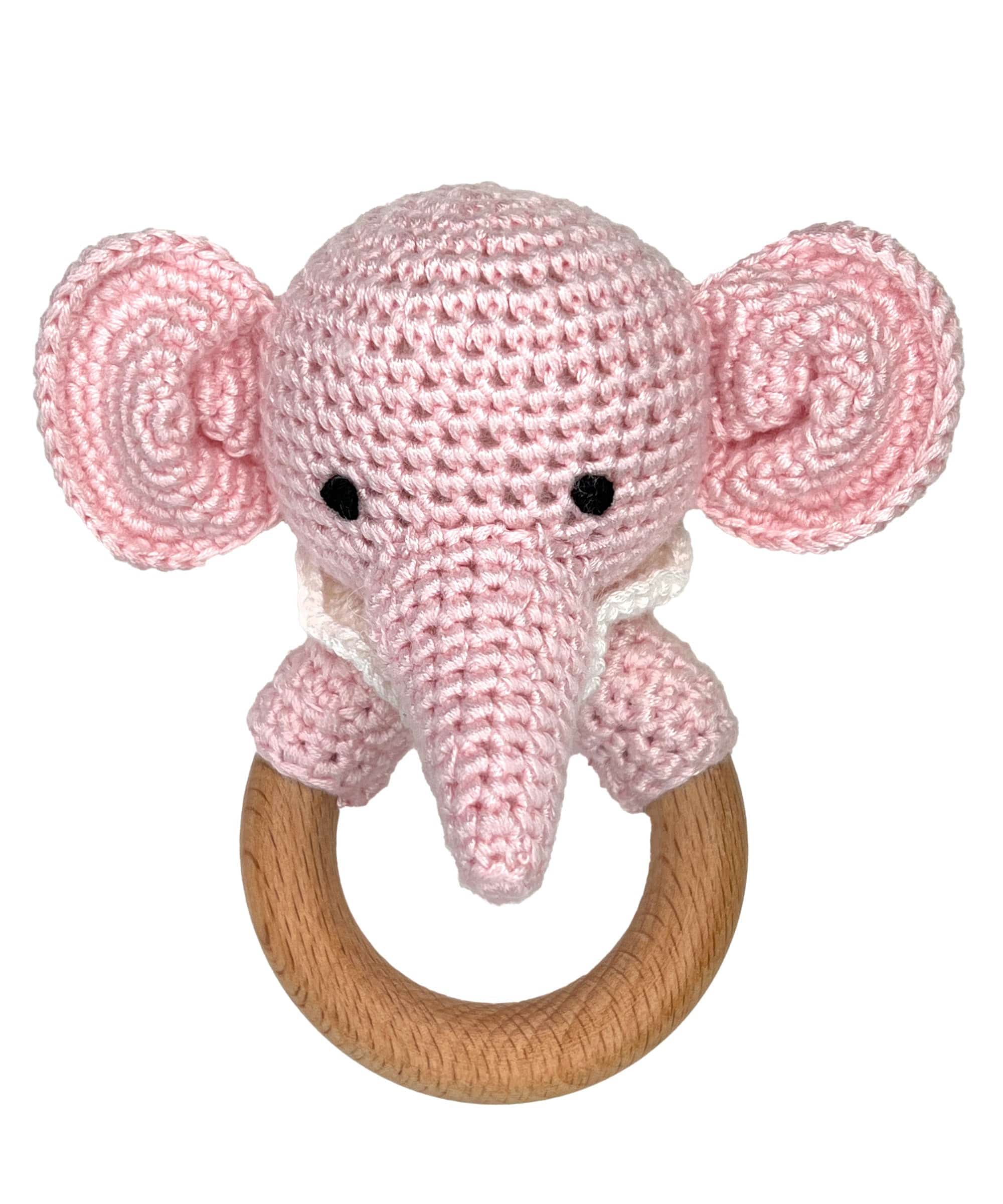 PINK ELEPHANT BAMBOO CROCHET WOODRING RATTLE