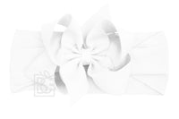 WHITE PANTYHOSE HEADBAND WITH 4.5 INCH BOW ATTACHED