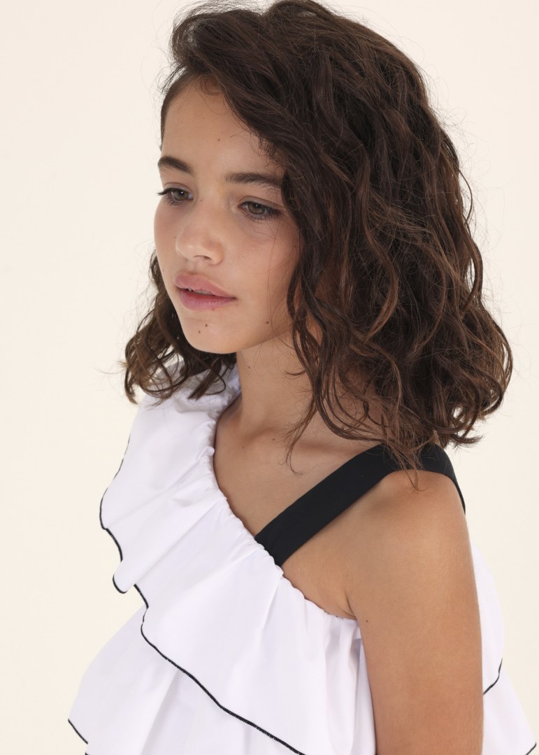 TWEEN ASSYMETRICAL RUFFLE COTTON BLOUSE