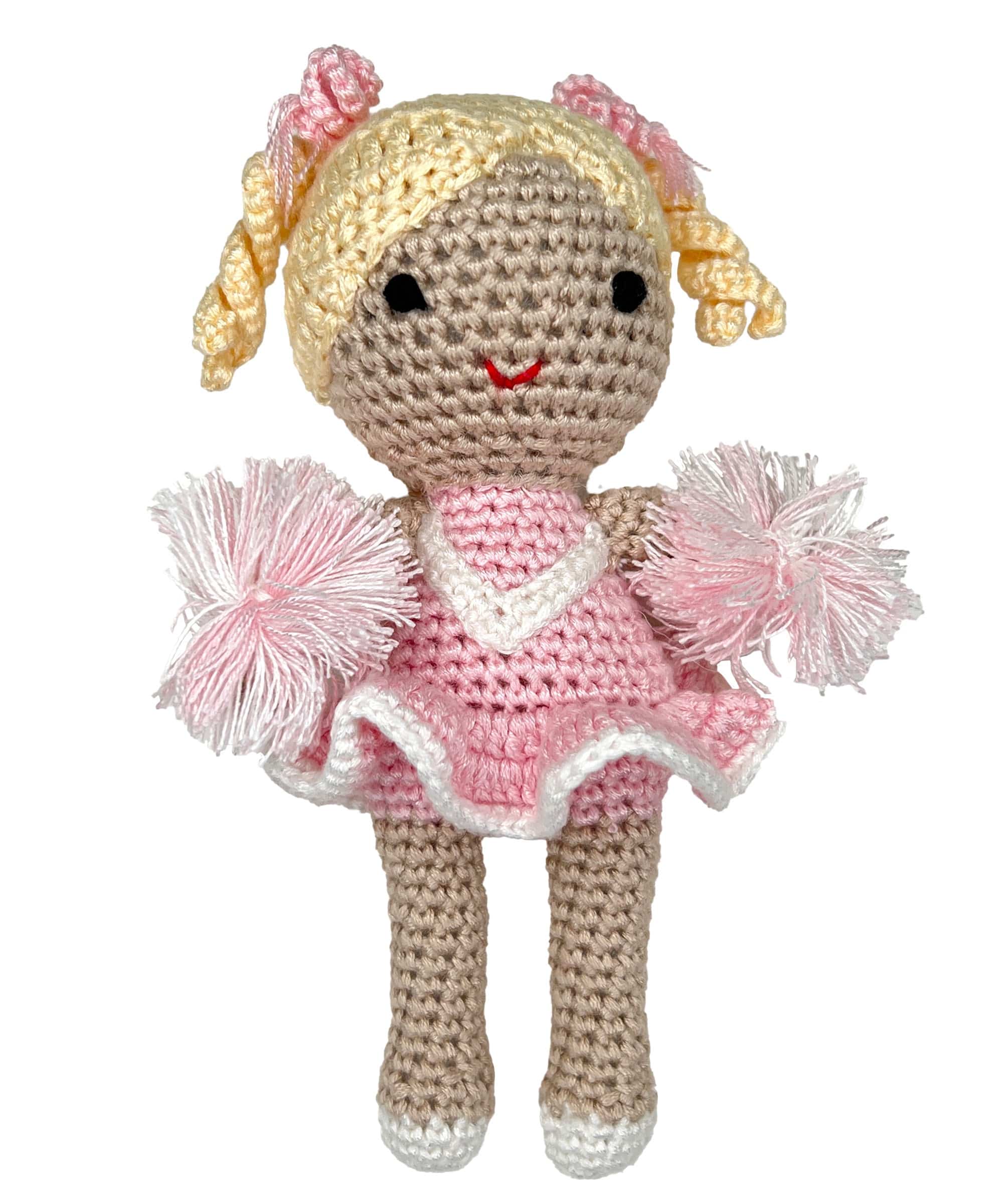 PINK & WHITE CHEERLEADER BAMBOO CROCHET RATTLE