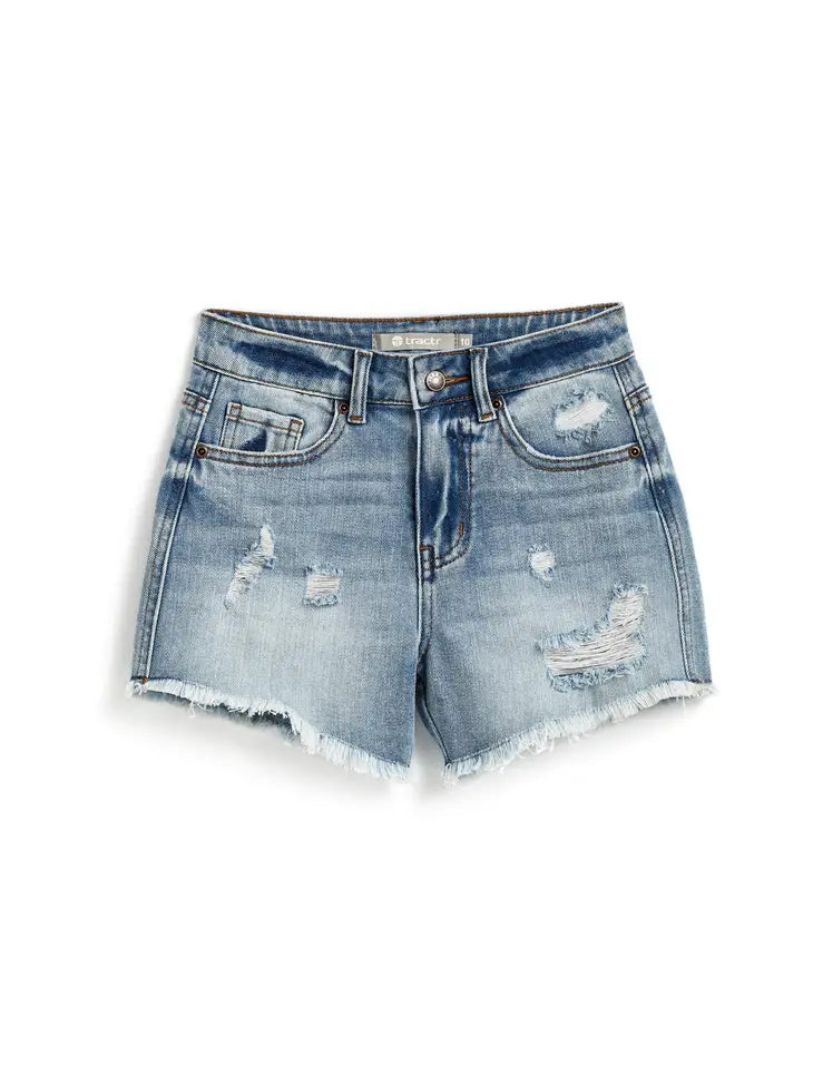 TWEEN DESTROYED HI-RISE WEEKENDER DENIM SHORTS