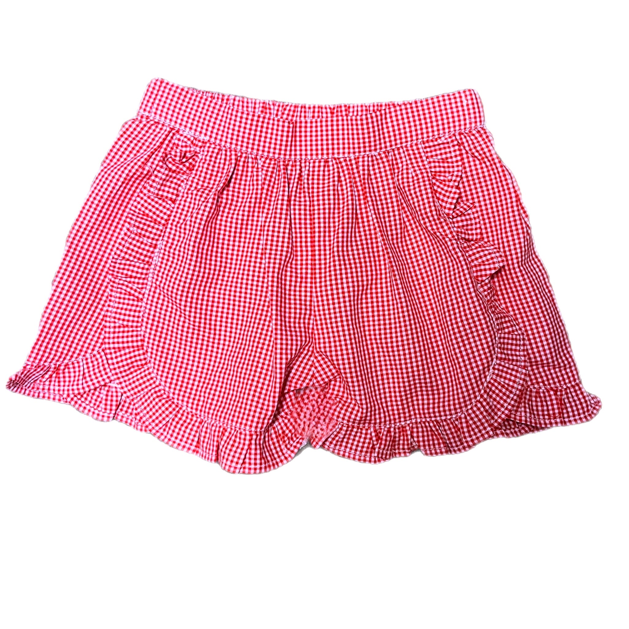 GIRLS RED GINGHAM RUFFLE SHORTS